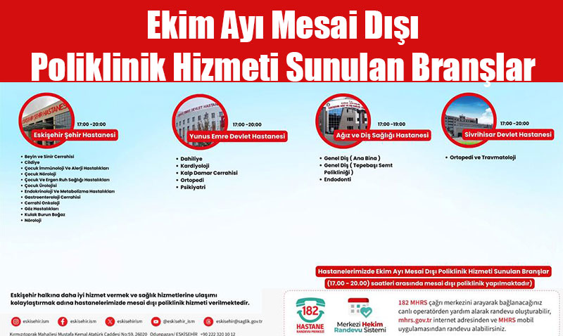 Eskişehir’deki Hastanelerde Ekim Ayı Mesai Dışı Poliklinik Hizmeti Sunulan Branşlar