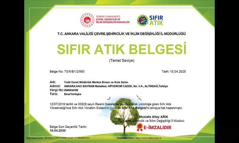TCDD, SIFIR ATIK BELGESİ ALDI