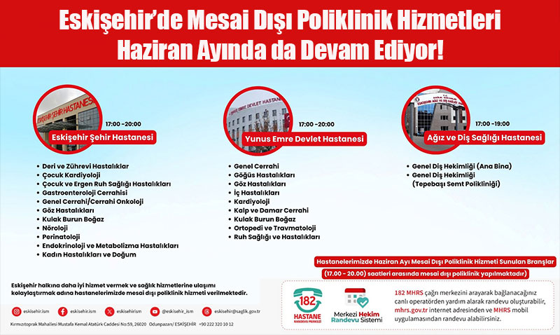 Eskişehir’de Mesai Dışı Poliklinik Hizmetleri Haziran Ayında da Devam Ediyor!