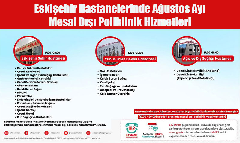 Eskişehir Hastanelerinde Ağustos Ayı Mesai Dışı Poliklinik Hizmeti Başladı